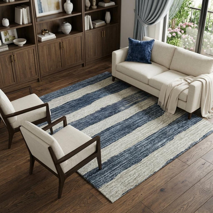 10' X 14' Striped Washable Area Rug With UV Protection (688267) - Denim Blue / Ivory