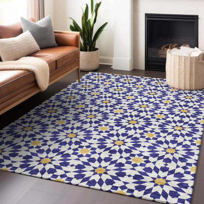 8' X 10' Geometric Washable Area Rug With UV Protection - Navy Blue