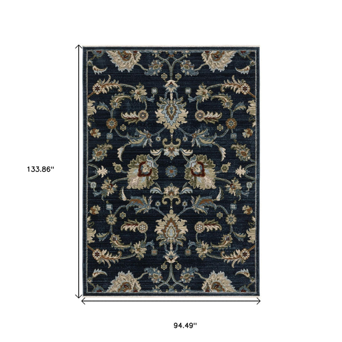 8' X 11' Oriental Area Rug With Fringe - Dark Blue