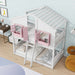 Giga house bunk bed with roof, window, window box, door, safety guardrails, and ladder in a playful children's bedroom setting