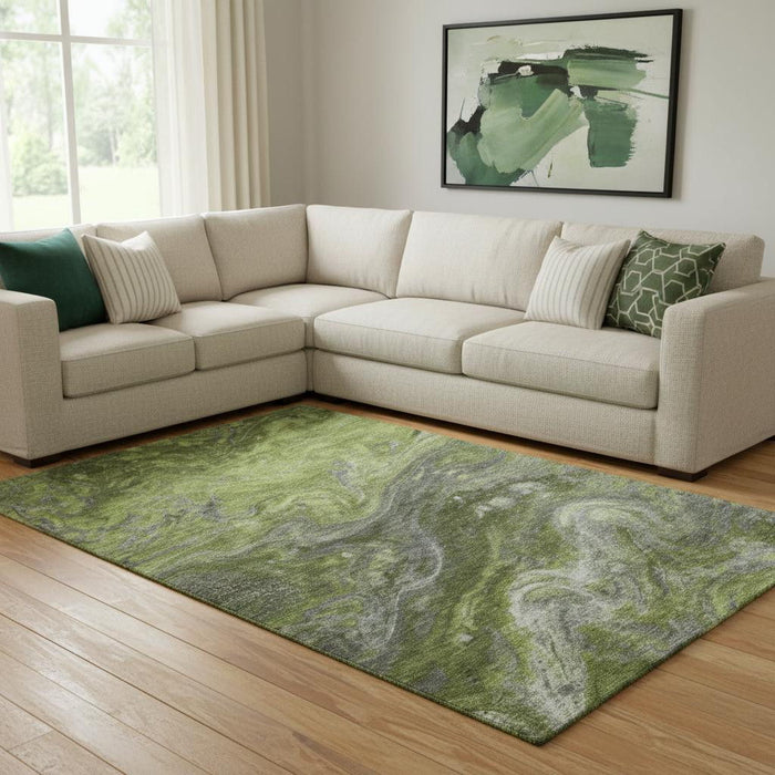 10' X 14' Abstract Washable Area Rug With UV Protection (650848) - Green / Gray / Ivory