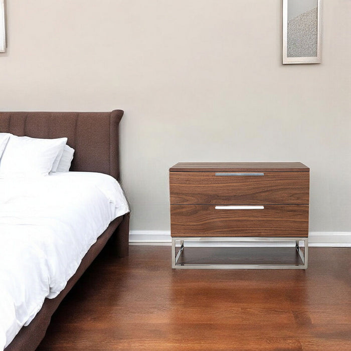 Contemporary walnut nightstand with two drawers and stainless steel accents, modern accent furniture for bedroom storage.