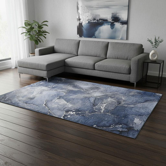 9' X 12' Abstract Washable Area Rug With UV Protection (647241) - Navy Blue / Ivory