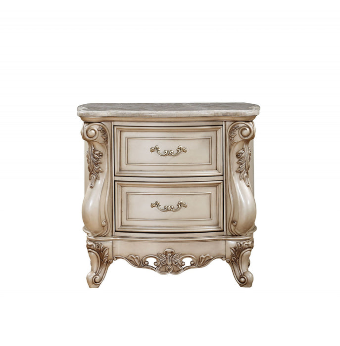 Two Drawers Mirrored Nightstand - Antiqued White