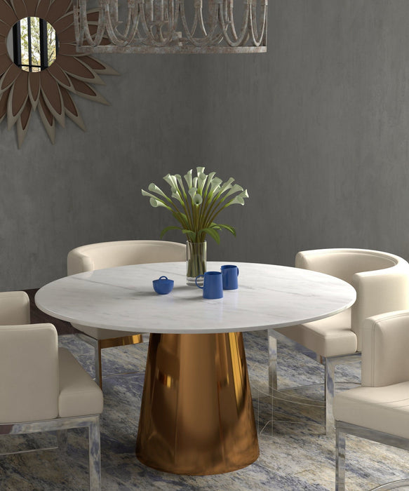 54" Marble And Metal Pedestal Base Round Top Dining Room Table - Gray / White