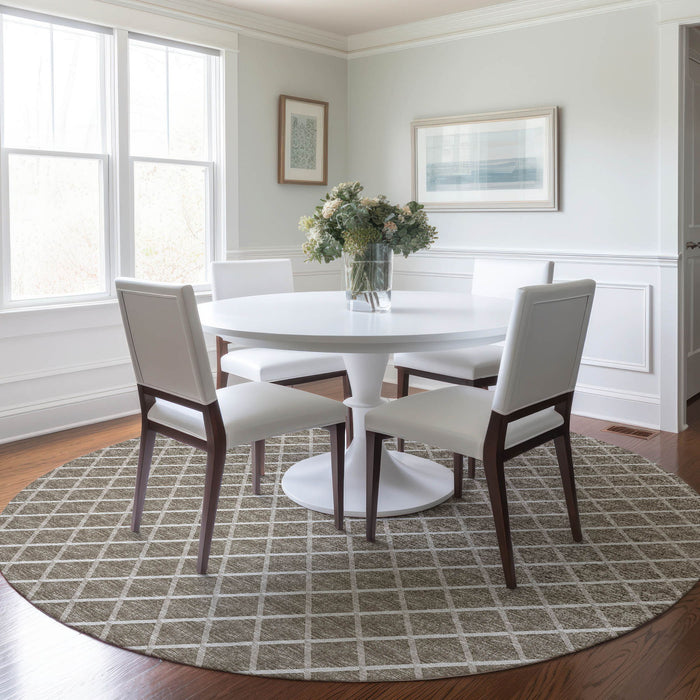 8' Geometric Washable Round Rug With UV Protection - Taupe / Ivory