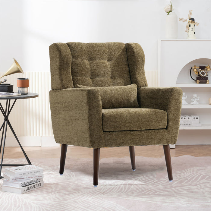Giga modern upholstered accent armchair with wooden legs, soft padding, and pillow, ideal for living rooms and small spaces.