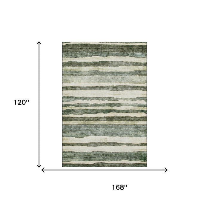 10' X 14' Striped Washable Area Rug With UV Protection (688273) - Sage / Ivory / Beige