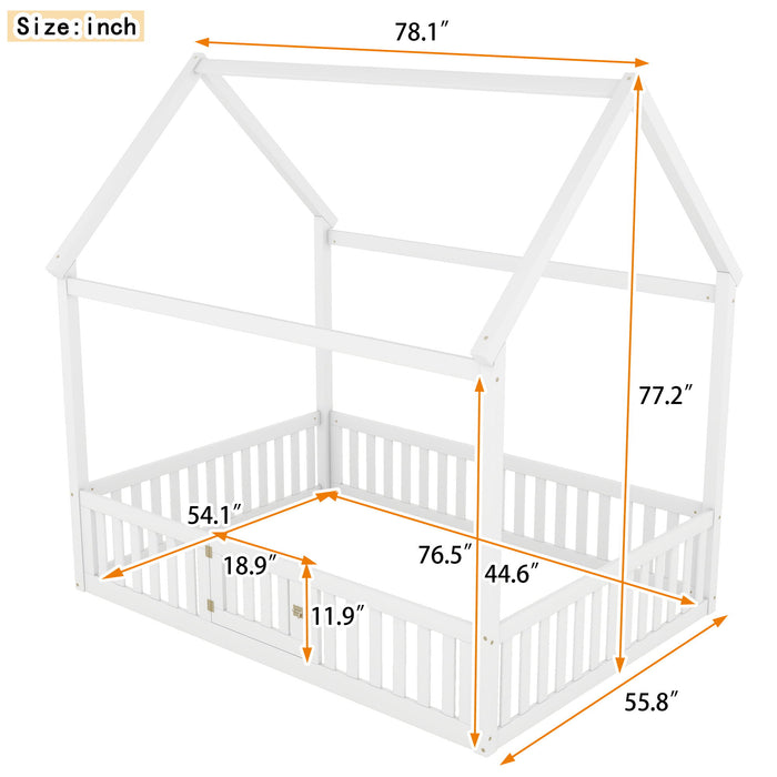 Giga wood house bed with fence and door for children, featuring a sturdy platform design and cozy playhouse style.