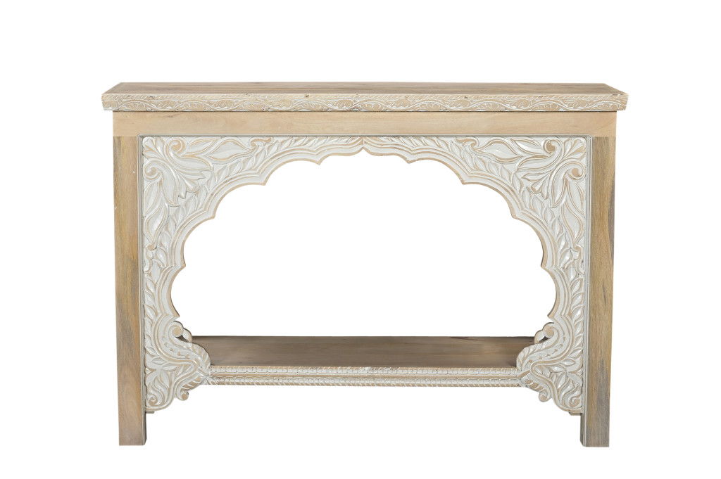 56" Solid Wood Distressed Console Table With Shelf - Natural And White
