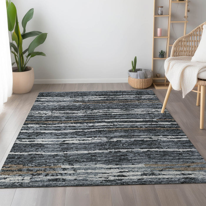 10' X 14' Striped Washable Area Rug With UV Protection - Graphite And Ivory