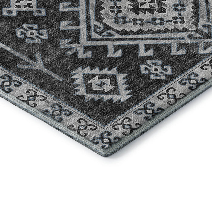 8' Geometric Washable Round Rug With UV Protection - Graphite And Charcoal