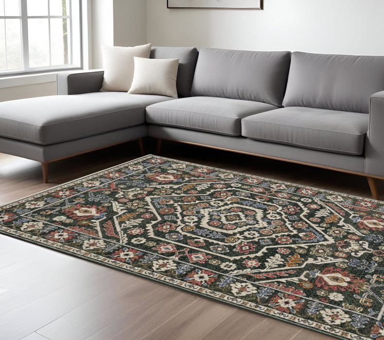 7' X 10' Floral Area Rug With Fringe - Green And Pink