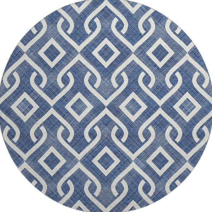 8' Geometric Washable Round Rug With UV Protection (652536) - Navy Blue / Ivory