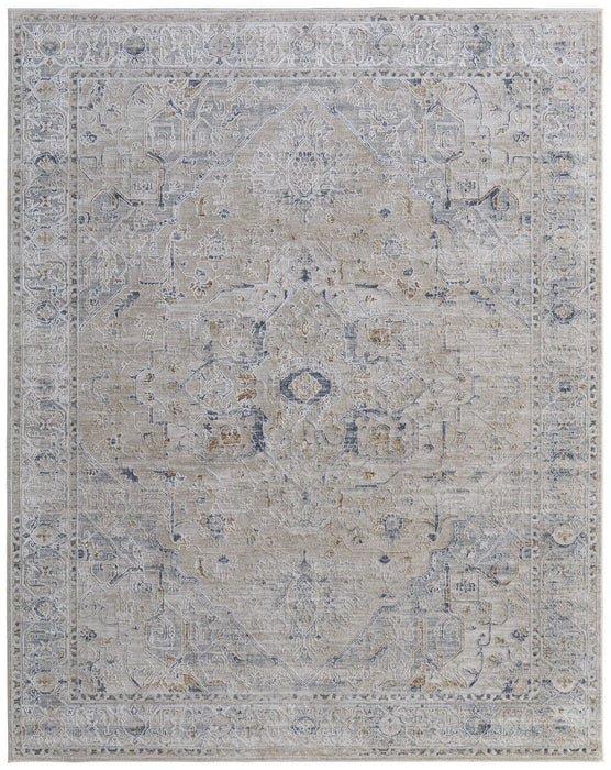9' x 13' Oriental Power Loom Worn Faded Area Rug With Fringe - Ivory Taupe And Blue
