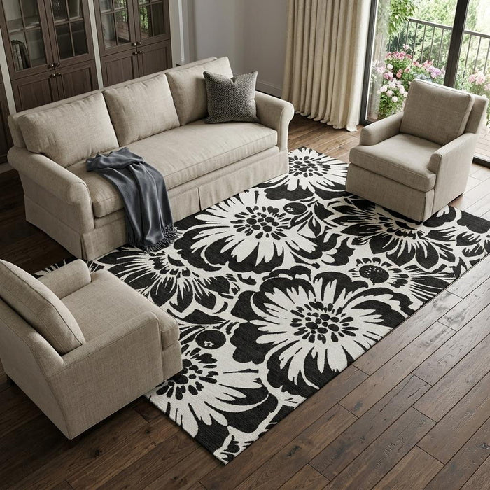 10' X 14' Floral Washable Area Rug With UV Protection (648622) - Black / Ivory