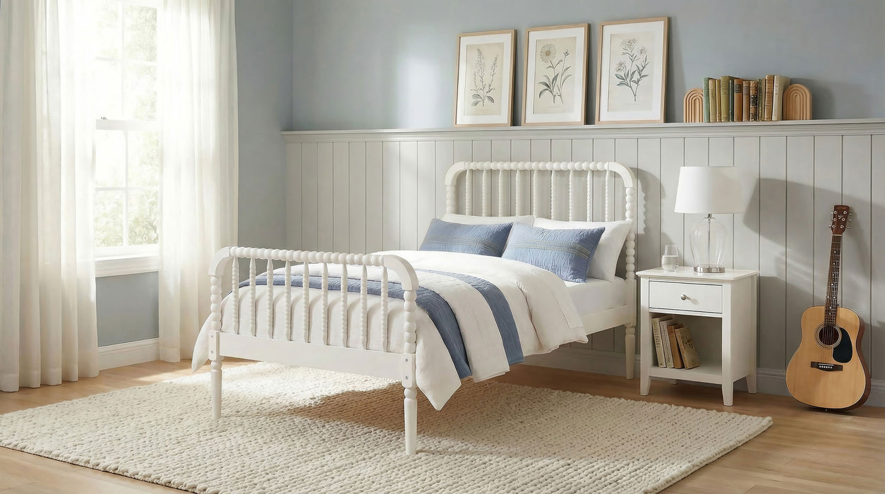 CoasterEssence Jones Wood twin open frame bed in white furniture finish