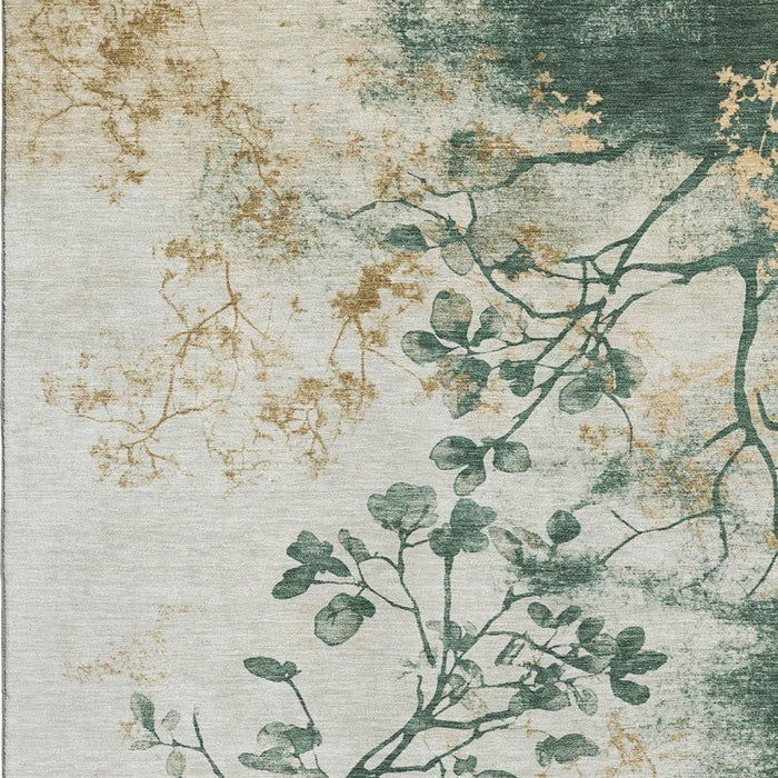 10' X 14' Floral Washable Area Rug With UV Protection (701581) - Emerald / Ivory / Gold