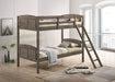 Weathered brown Flynn wood twin over twin bunk bed with mattress by CoasterEveryday, showcasing sturdy construction and classic design.