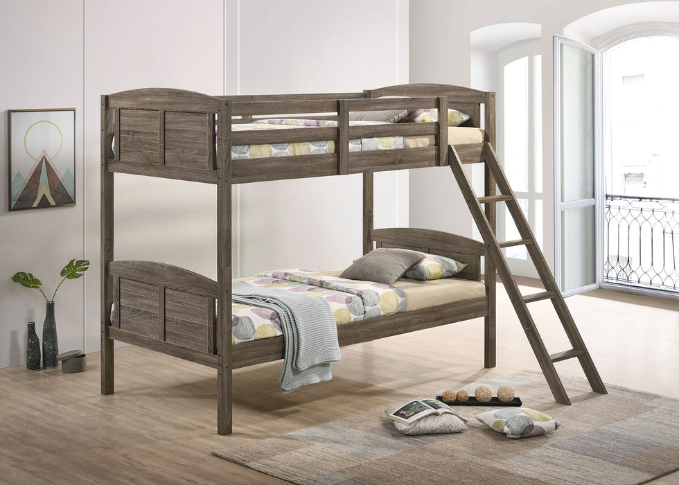 Weathered brown Flynn wood twin over twin bunk bed with mattress by CoasterEveryday, showcasing sturdy construction and classic design.