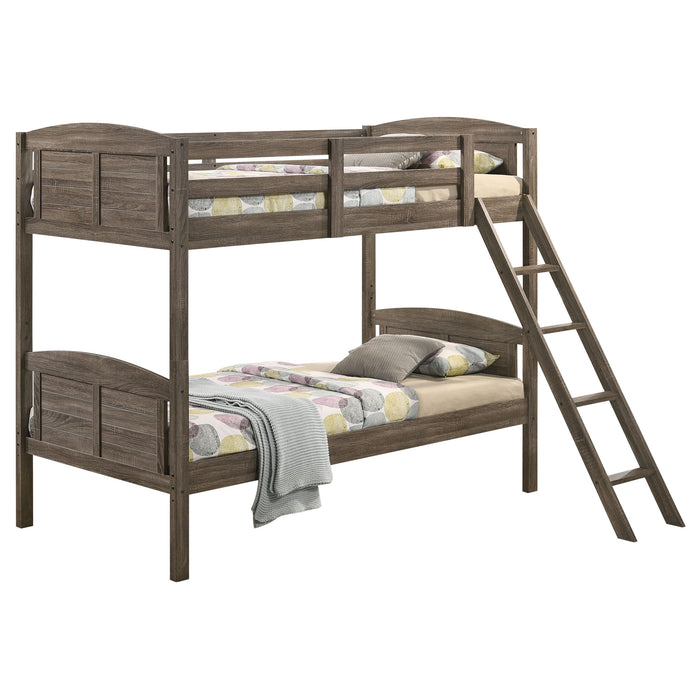 Weathered brown Flynn wood twin over twin bunk bed with mattress, sturdy furniture from CoasterEveryday in natural wood finish.