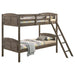 Weathered brown Flynn wood twin over twin bunk bed with mattress, sturdy furniture from CoasterEveryday in natural wood finish.