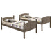 Weathered brown Flynn wood twin over twin bunk bed with mattress, showcasing a sturdy furniture piece with a natural finish.
