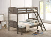 Weathered brown Flynn wood twin over full bunk bed with mattress, sturdy furniture by CoasterEveryday, in a bedroom setting.