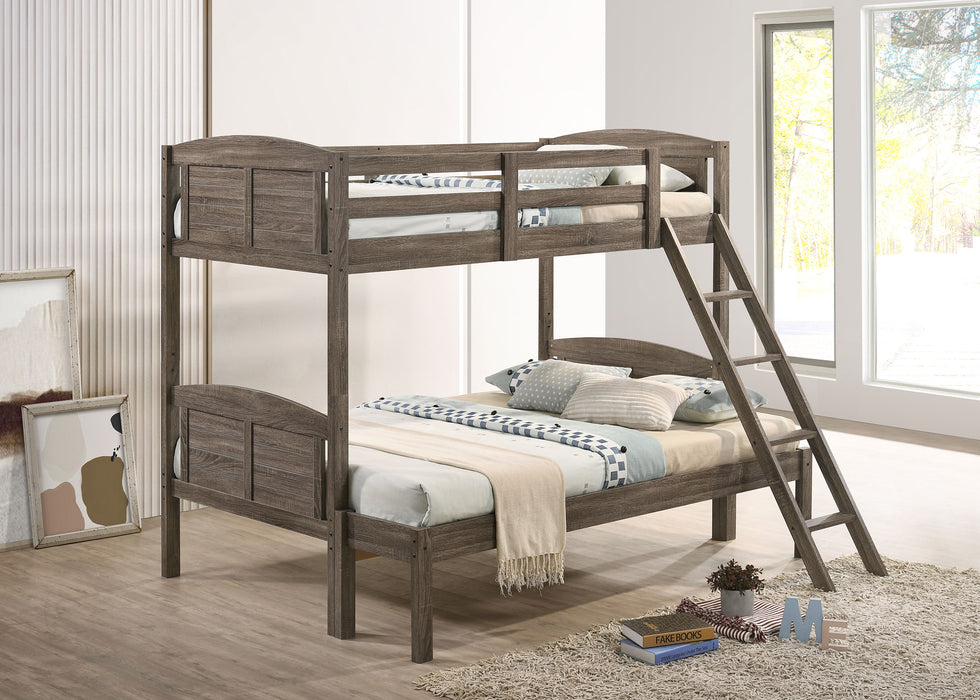 Weathered brown Flynn wood twin over full bunk bed with mattress, sturdy furniture by CoasterEveryday, in a bedroom setting.