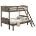 CoasterEveryday Flynn wood twin over full bunk bed in weathered brown with mattress, showcasing sturdy furniture design and natural wood finish.