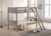 CoasterEveryday Ryder wood twin over twin bunk bed in weathered taupe with mattress, showcasing sturdy frame and sleeping surface.