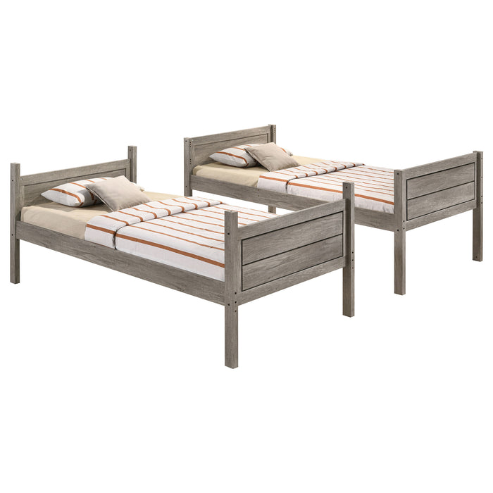 Weathered taupe Ryder Wood twin over twin bunk bed with mattress, sturdy furniture design, made by CoasterEveryday.