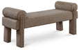 Upholstered Stefano bench by Meridian Furniture with plush fabric and wooden legs, ideal for entryways or living rooms.