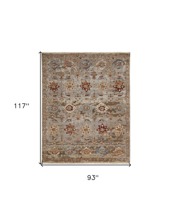 8' x 10' Wool Floral Hand Knotted Area Rug With Fringe - Tan Brown And Gray