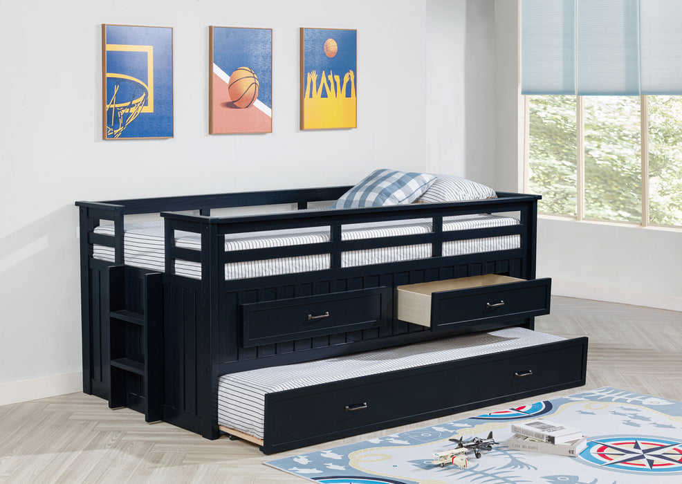 CoasterEveryday Carlsbad Wood Twin Captains Bed in navy blue with trundle, featuring a sturdy wooden frame and built-in storage.
