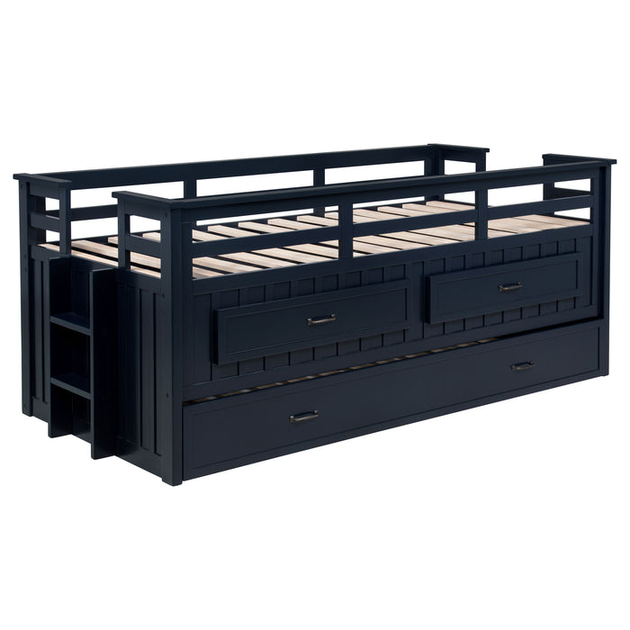 Wood twin captains bed with trundle in navy blue, furniture by CoasterEveryday, featuring a sleek design with built-in storage and clean lines.