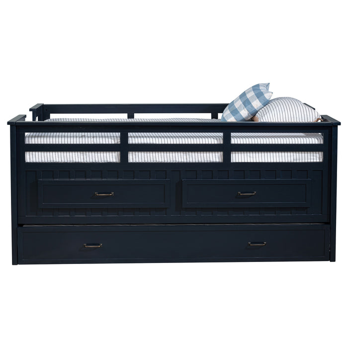 Carlsbad Wood Twin Captains Bed with Trundle in navy blue, made of sturdy wood, featuring a sleek, modern design for kids' bedrooms.