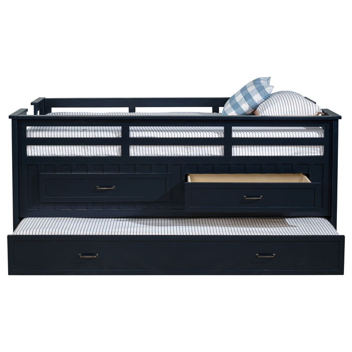 Wood twin captain's bed with trundle in navy blue, featuring a sturdy frame and built-in storage drawers, by CoasterEveryday.