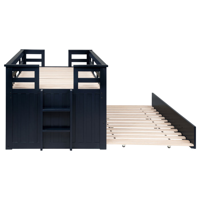 Wood twin captains bed with trundle in navy blue, CoasterEveryday furniture, featuring a sturdy frame and built-in storage drawers.
