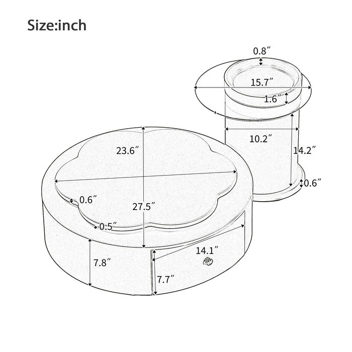 Set of two Giga modern round coffee tables with flower-shaped glass tops, 360° rotation, drawers, and off-white finish.