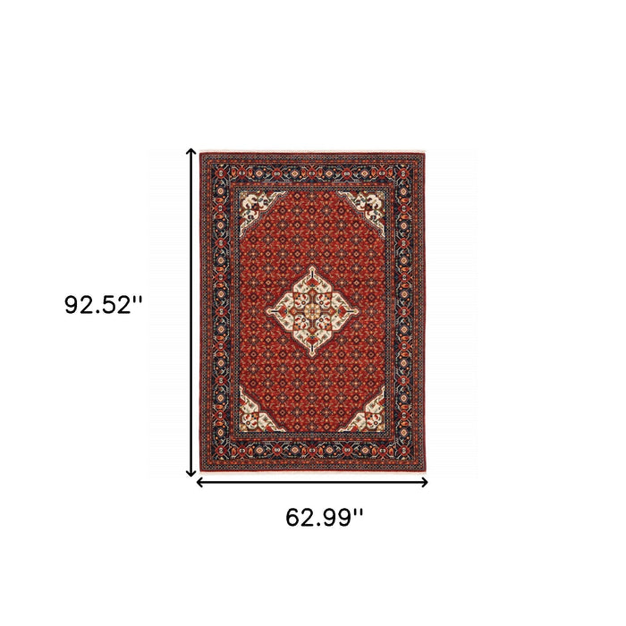 5' x 8' Oriental Power Loom Stain Resistant Area Rug With Fringe - Red Blue Ivory And Orange