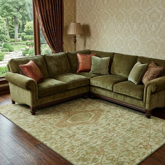 10' X 14' Floral Washable Area Rug With UV Protection (691806) - Sage / Salmon