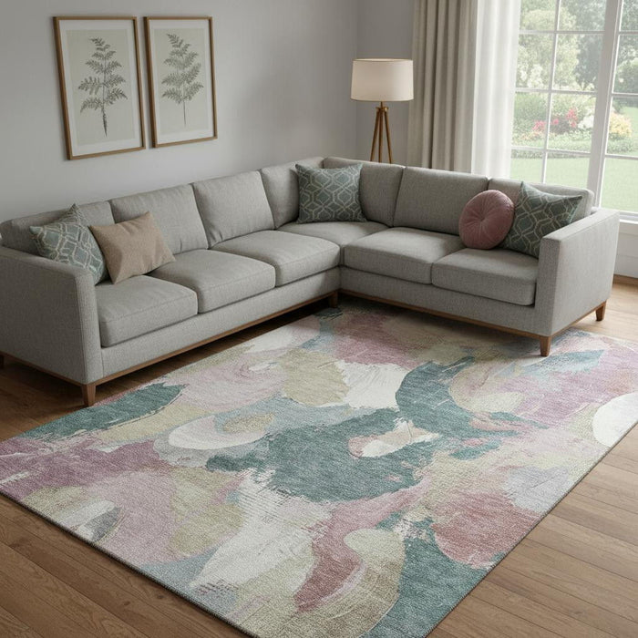 10' X 14' Abstract Washable Area Rug With UV Protection (709594) - Mauve / Beige / Blush