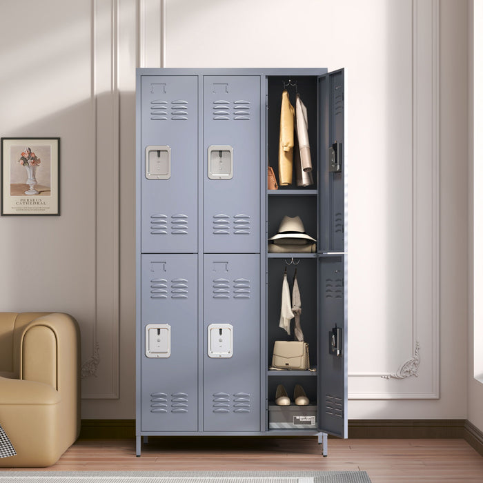 Gray Giga 6-door employee storage lockers with locks, suitable for home, gym, office, school, and garage use.