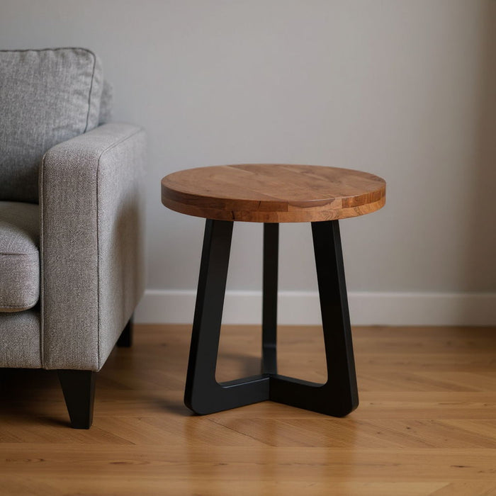 24" Solid Wood And Iron Round Cross Legs End Table - Brown And Black