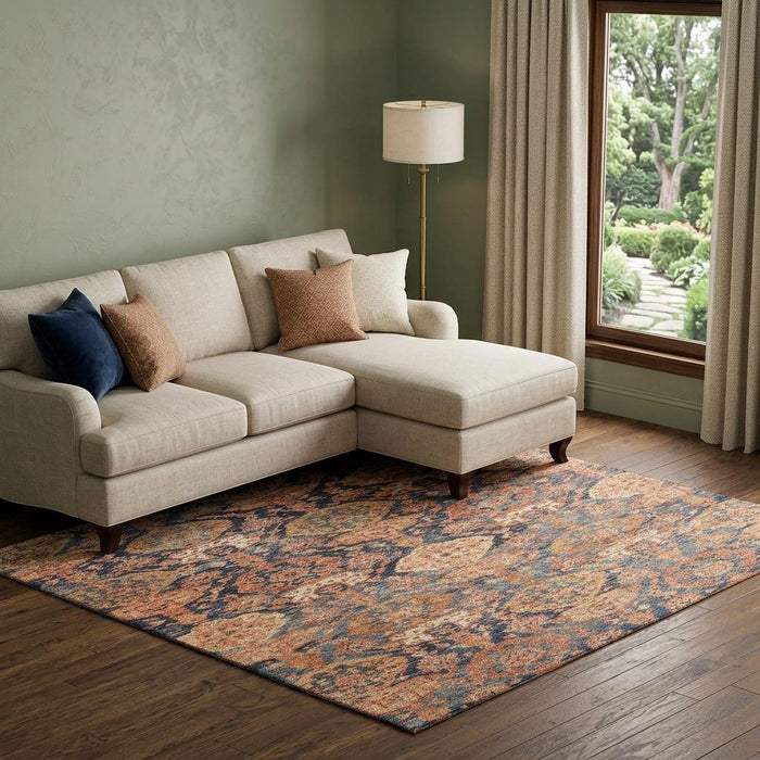 10' X 14' Damask Washable Area Rug With UV Protection (683950) - Terra Cotta / Blue