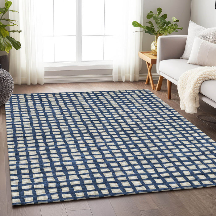 10' X 14' Transitional Geometric Washable Area Rug With UV Protection - Blue And Ivory