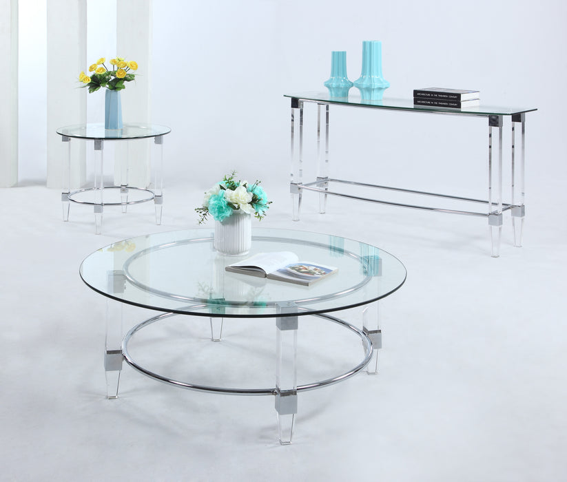 Contemporary round glass top lamp table with chrome base and acrylic legs, modern end table by Chintaly.