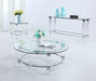 Contemporary round glass top lamp table with chrome base and acrylic legs, modern end table by Chintaly.