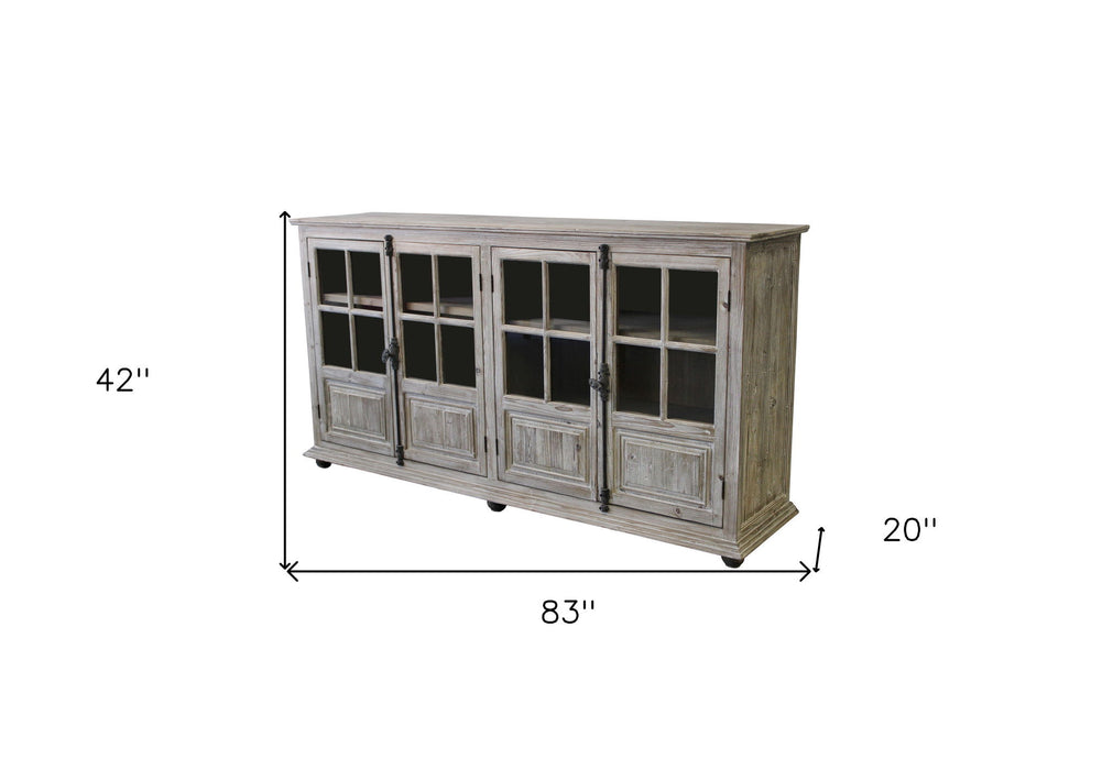 Solid Wood Four Door Side Board With Glass Inserts - White / Wash Gray